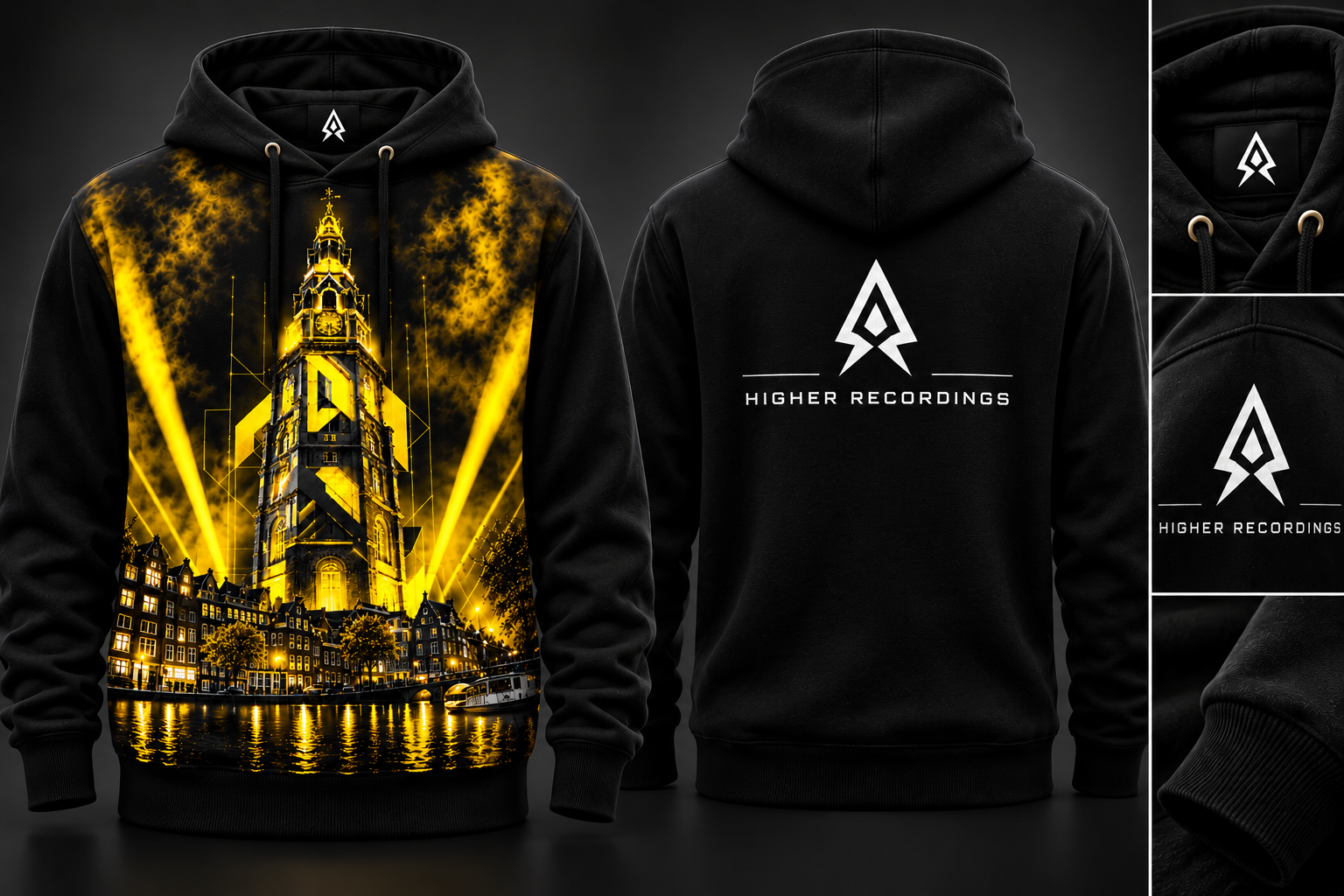 HIGHER hoodie with golden Amsterdam tower print